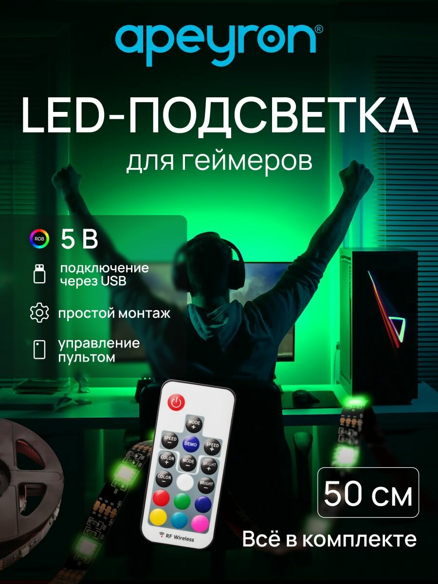 Светодиодная лента подсветка для монитора геймера игрового ПК RGB / USB 5В / 0.5 м.