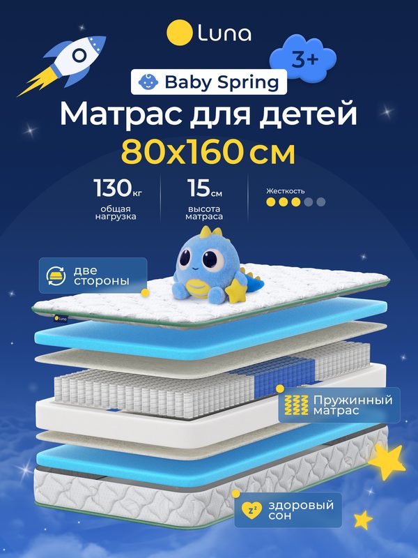 Детский пружинный анатомический матрас Luna Baby Spring 80 х 160, высота 15 см