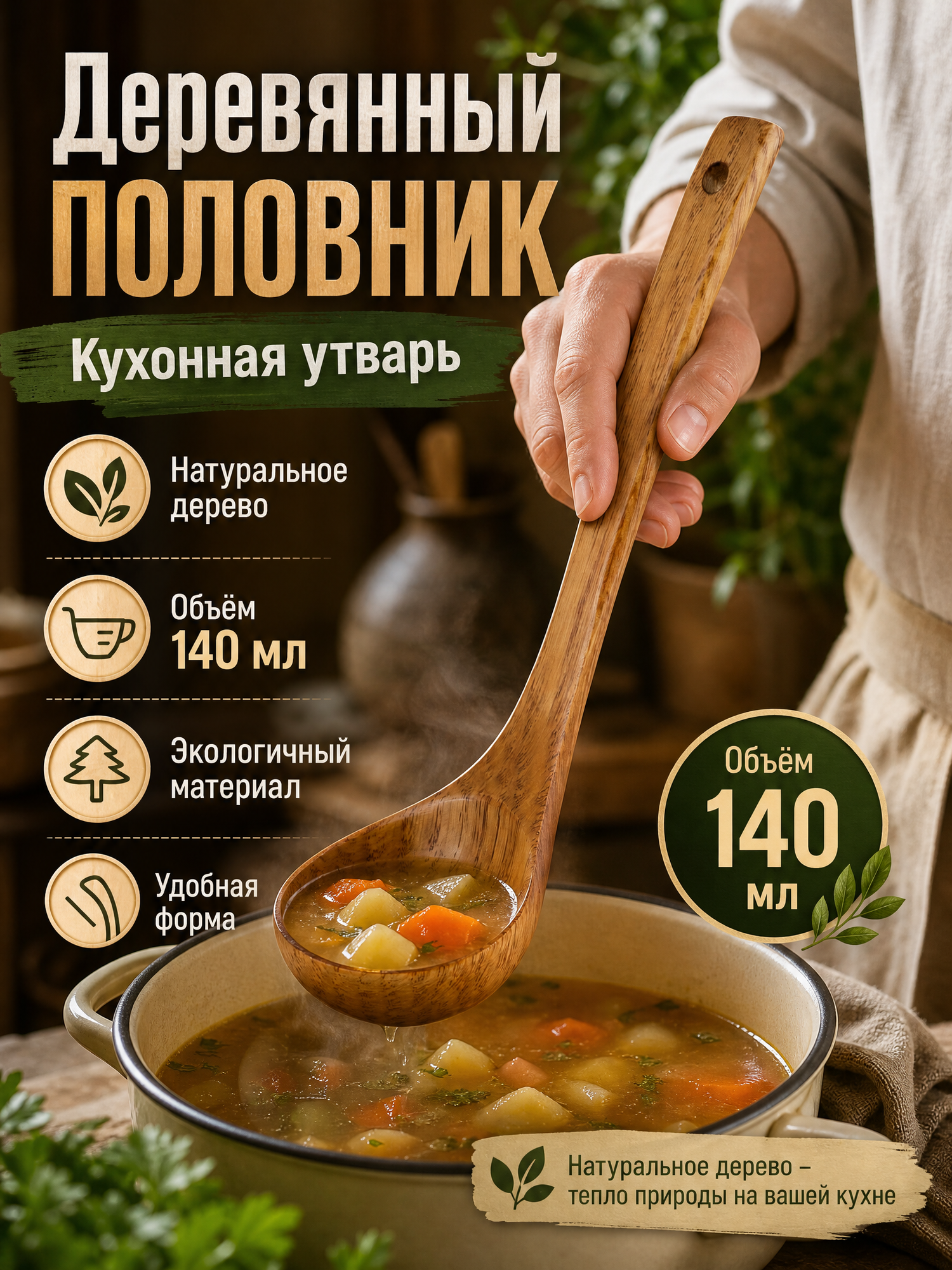 Деревянный половник / черпак для супа и окрошки / поварёшка деревянная