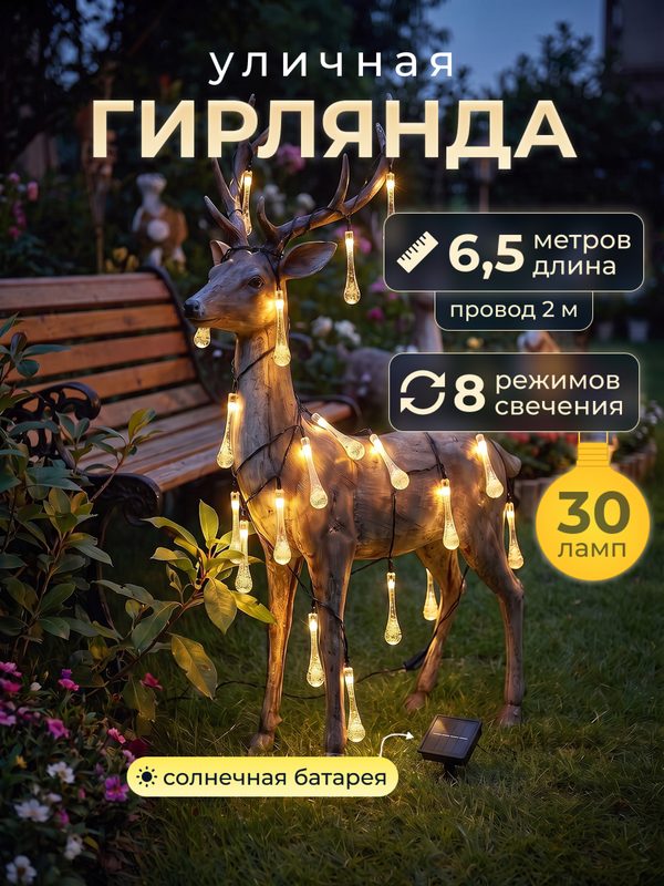 Светодиодная гирлянда в форме капель (7,3 см.) на солнечной батарее 30 ламп 6,5 метров