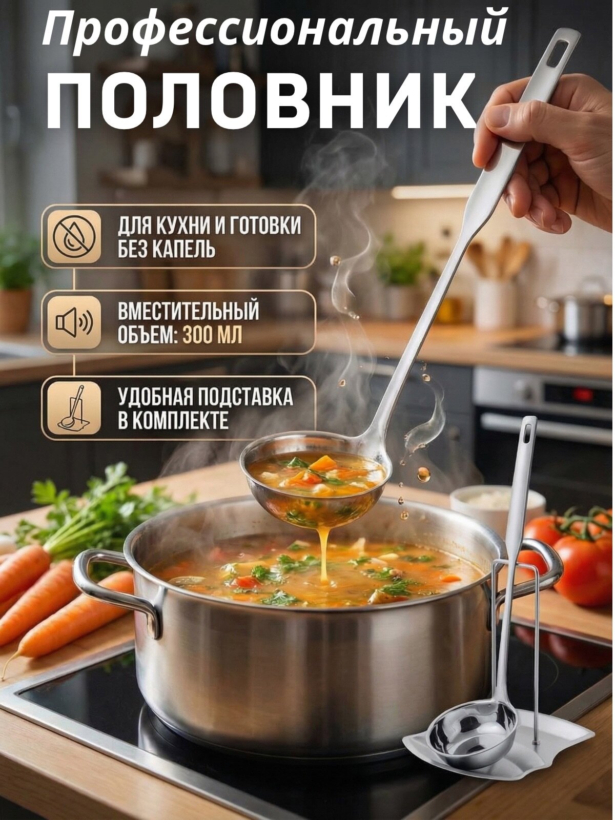 Большой половник столовый, 32 х 9 х 3,5 см, объём 160 мл / металлическая поварешка / черпак из нержавеющей стали