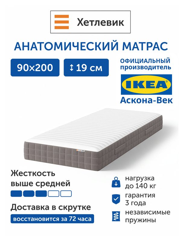 Ортопедический матрас IKEA/Икеа Хетлевик, независимые пружины, 90х200 см