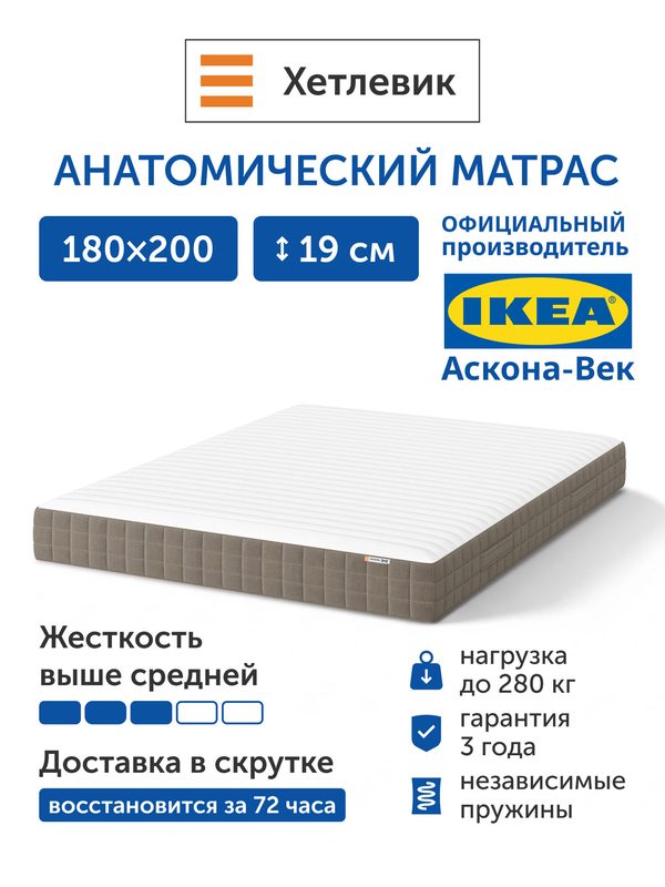 Ортопедический матрас IKEA/Икеа Хетлевик, независимые пружины, 180х200 см