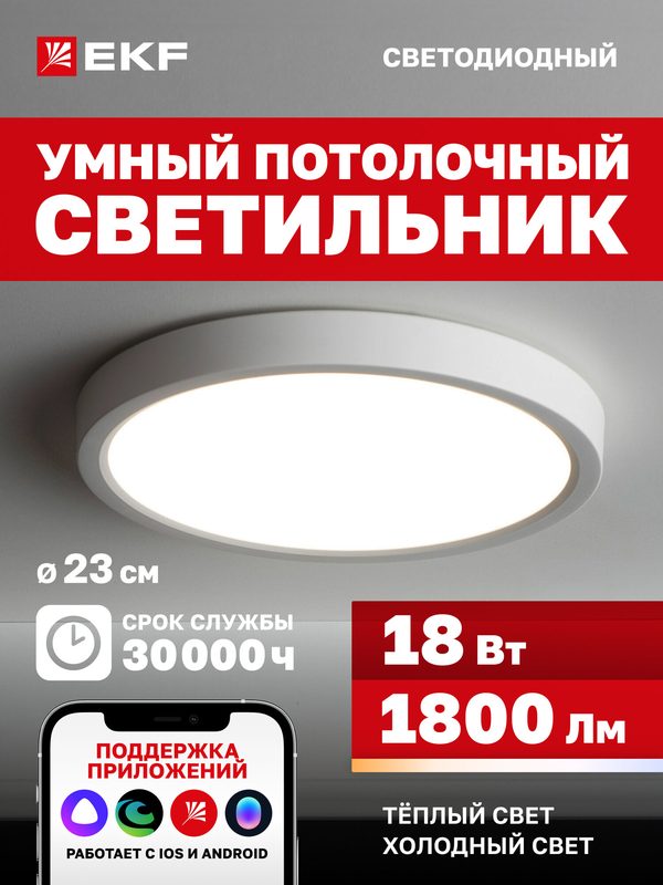 Умный потолочный светодиодный светильник EKF Connect, 18W, 23 см с Wi-Fi, Яндекс Алисой, Марусей, Салютом