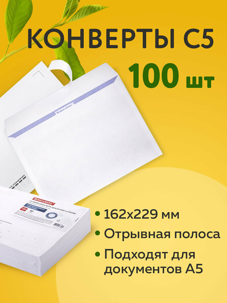 Конверты С5 (162х229мм) отрыв. лента, Куда-Кому 80г/м2 комплект 100шт, внут. запечатка BRAUBERG 112188