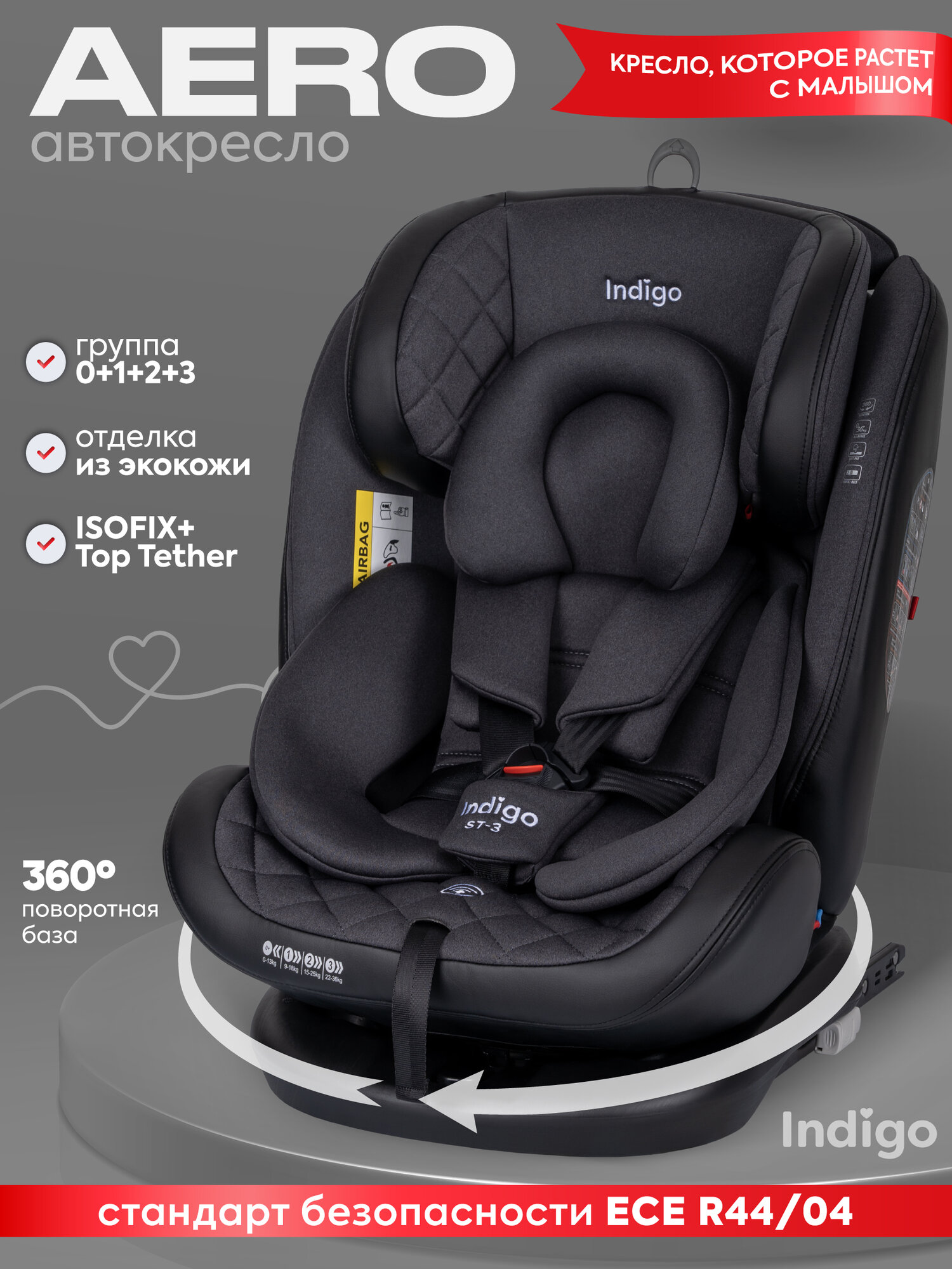 Автокресло Indigo AERO ISOFIX растущее поворотное, 0-36 кг, черный