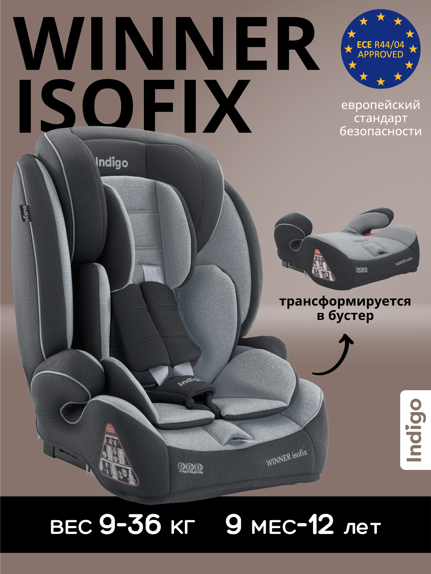 Автокресло бустер 2 в 1 WINNER ISOFIX 9-36 кг, группа 1,2,3, темно-серый, светло-серый