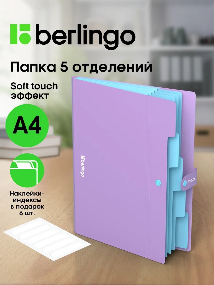 Папка органайзер для документов на кнопке Berlingo Haze, семейная, 5 отделений, А4, сиреневая