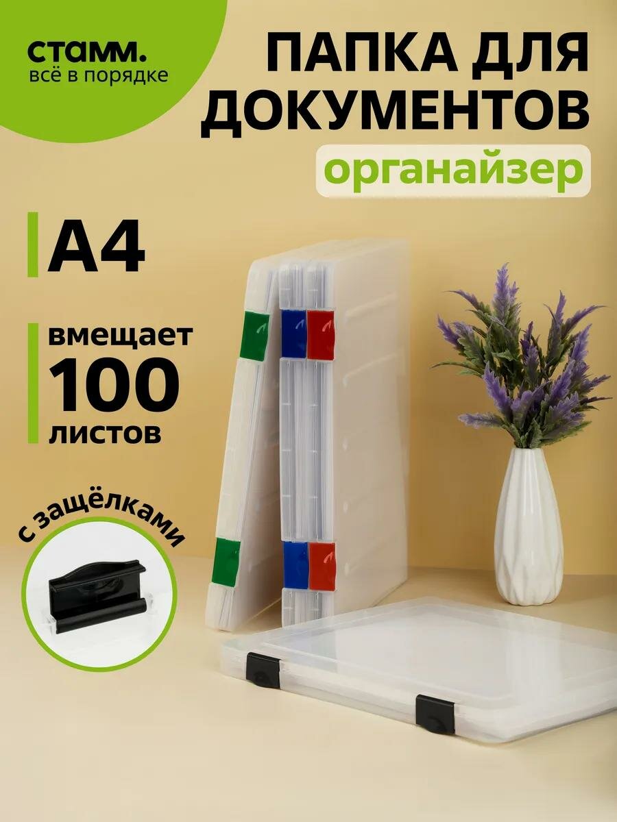 Органайзер для документов А4, СТАММ, папка-контейнер пластиковая, с защелками