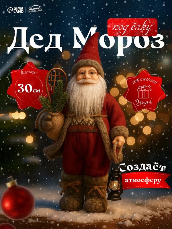Фигурка Зимнее волшебство Новогодняя игрушка в красном тулупе с фонарём, 30 см, красный
