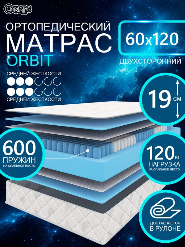 Матрас Cosmic Orbit 60x120 см, пружинный, средней жесткости, высота 19 см, анатомическая поддержка