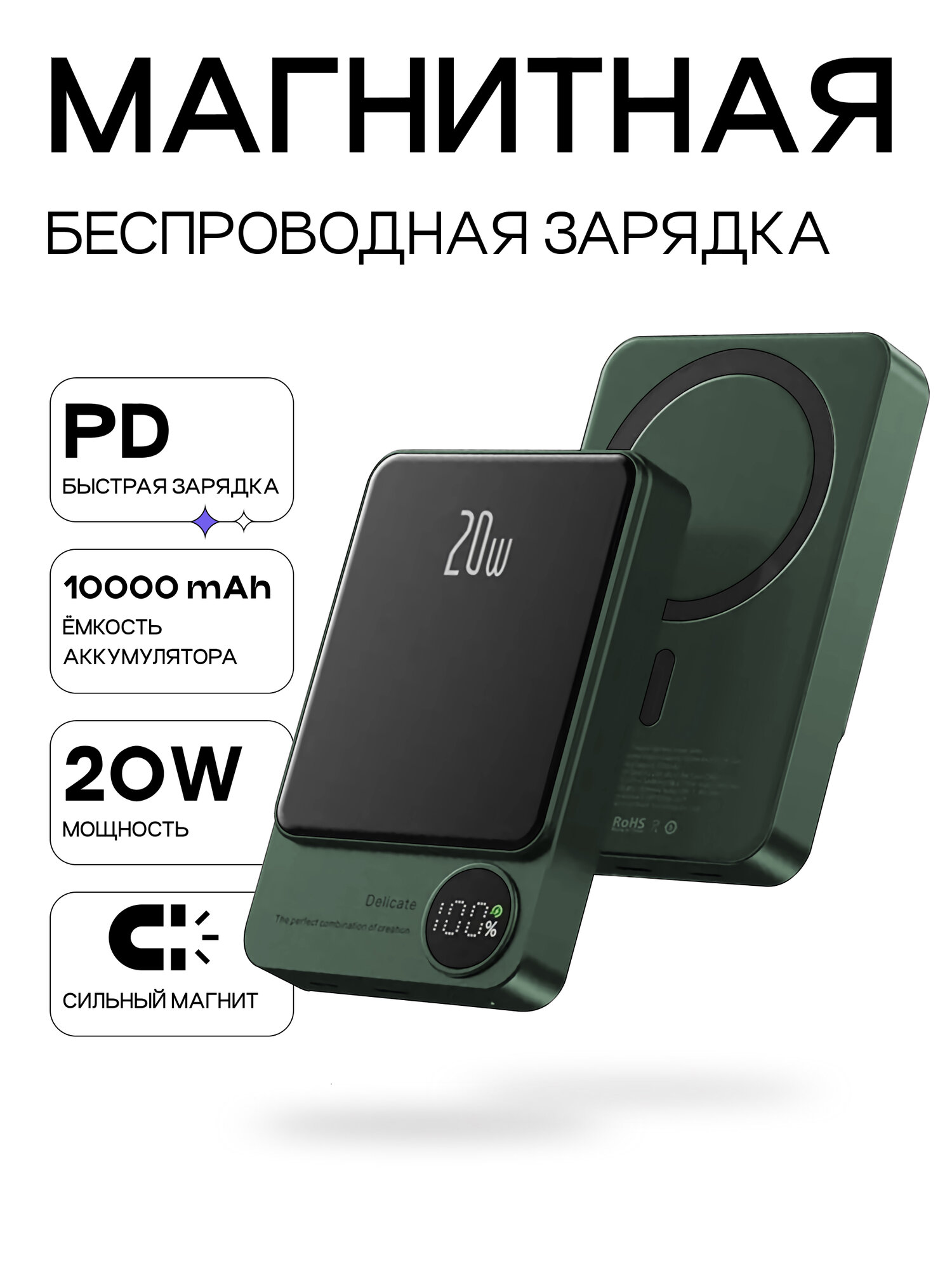 Внешний аккумулятор (Повербанк) для iPhone/Айфон / Power bank для телефона 10000 mAh / Магнитный с беспроводоной зарядкой / Зеленый
