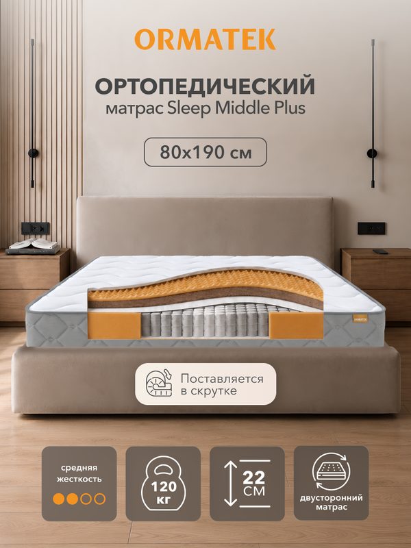 Орматек Матрас SLEEP Middle Plus, Независимые пружины, 80х190 см, Односпальный двусторонний анатомический матрас