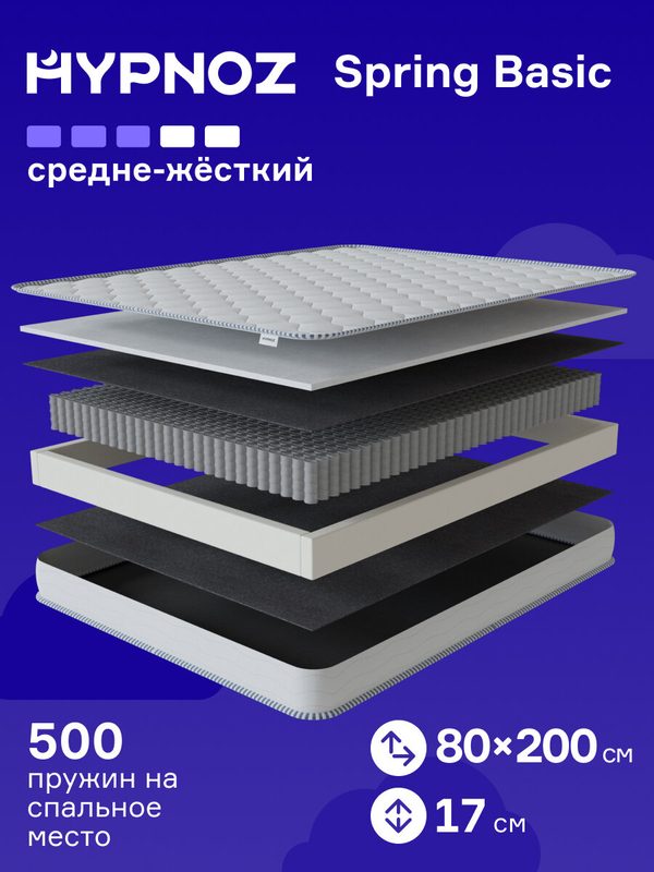 Матрас 80х200 анатомический независимый пружинный блок HYPNOZ Spring Basic