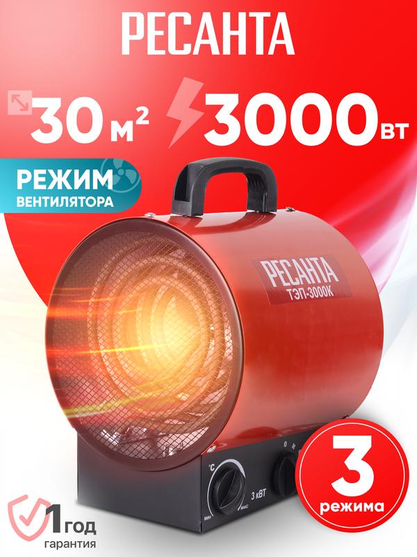 Тепловая пушка электрическая Ресанта ТЭП-3000К, 3кВт, ТЭН, терморегулятор