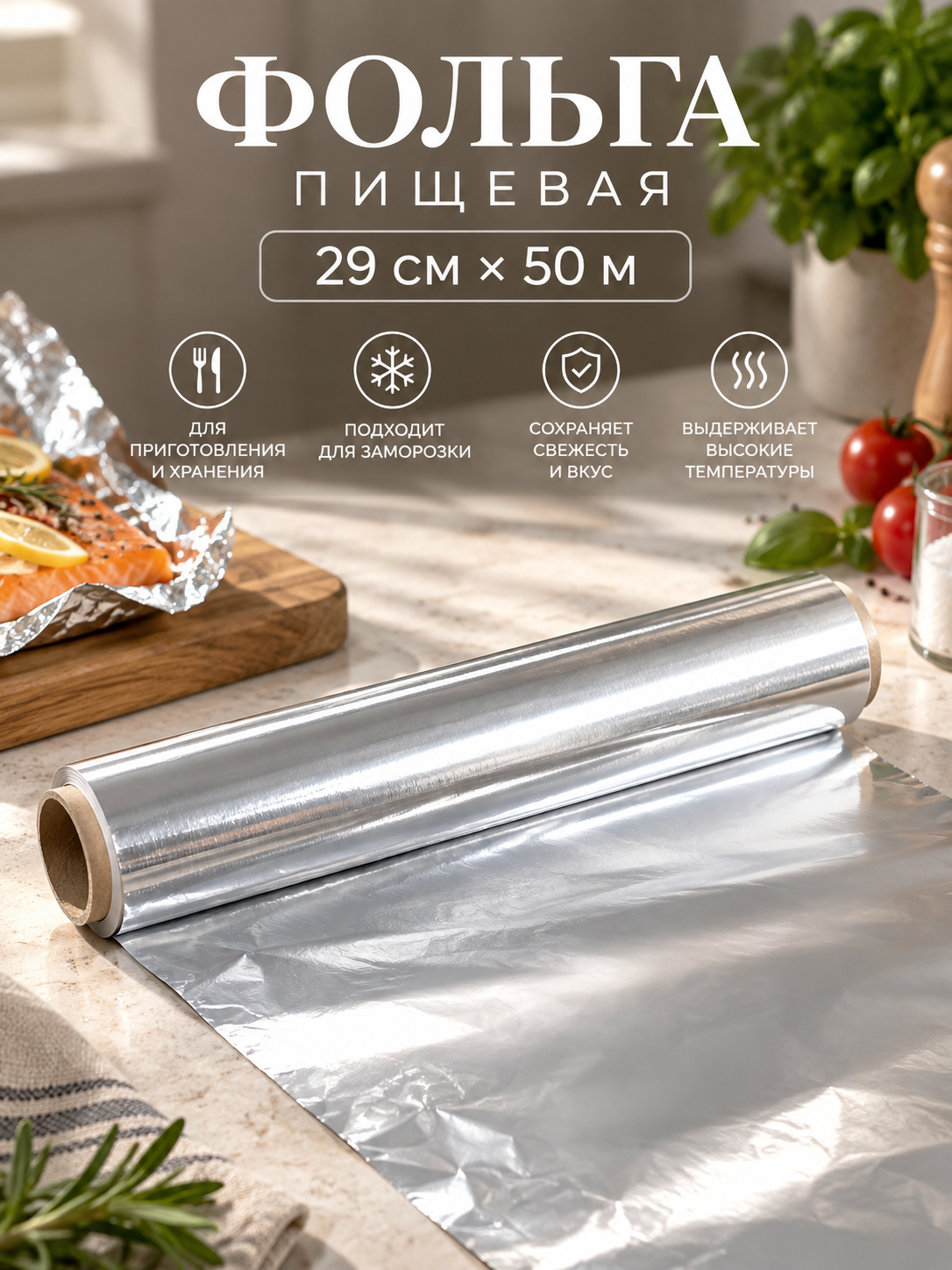 Фольга алюминиевая пищевая "Особо прочная", 29 см х 50 м, 14 мкм