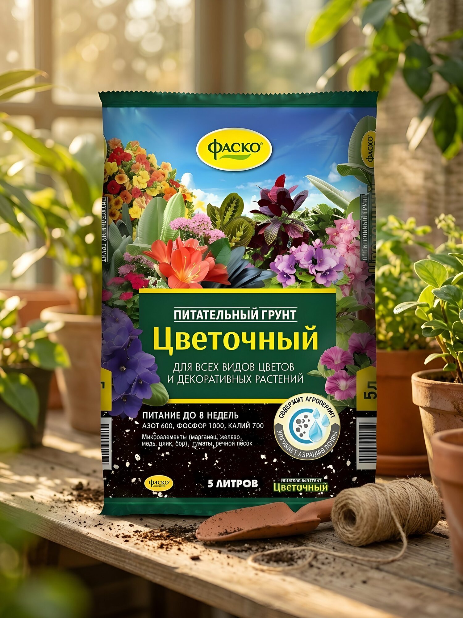 Грунт Цветочный Фаско для комнатных растений, торфяной, 5 л, нейтральный pH 6,5–7,5