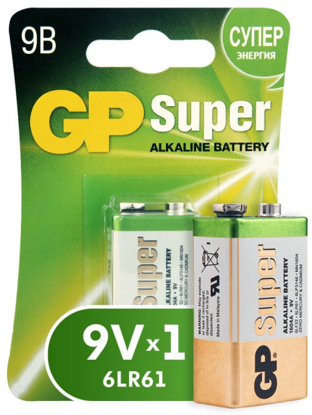 Батарейка GP крона, Super Alkaline 9V / 6LR61, алкалиновая, щелочная, 1 шт, блистер, оригинал.