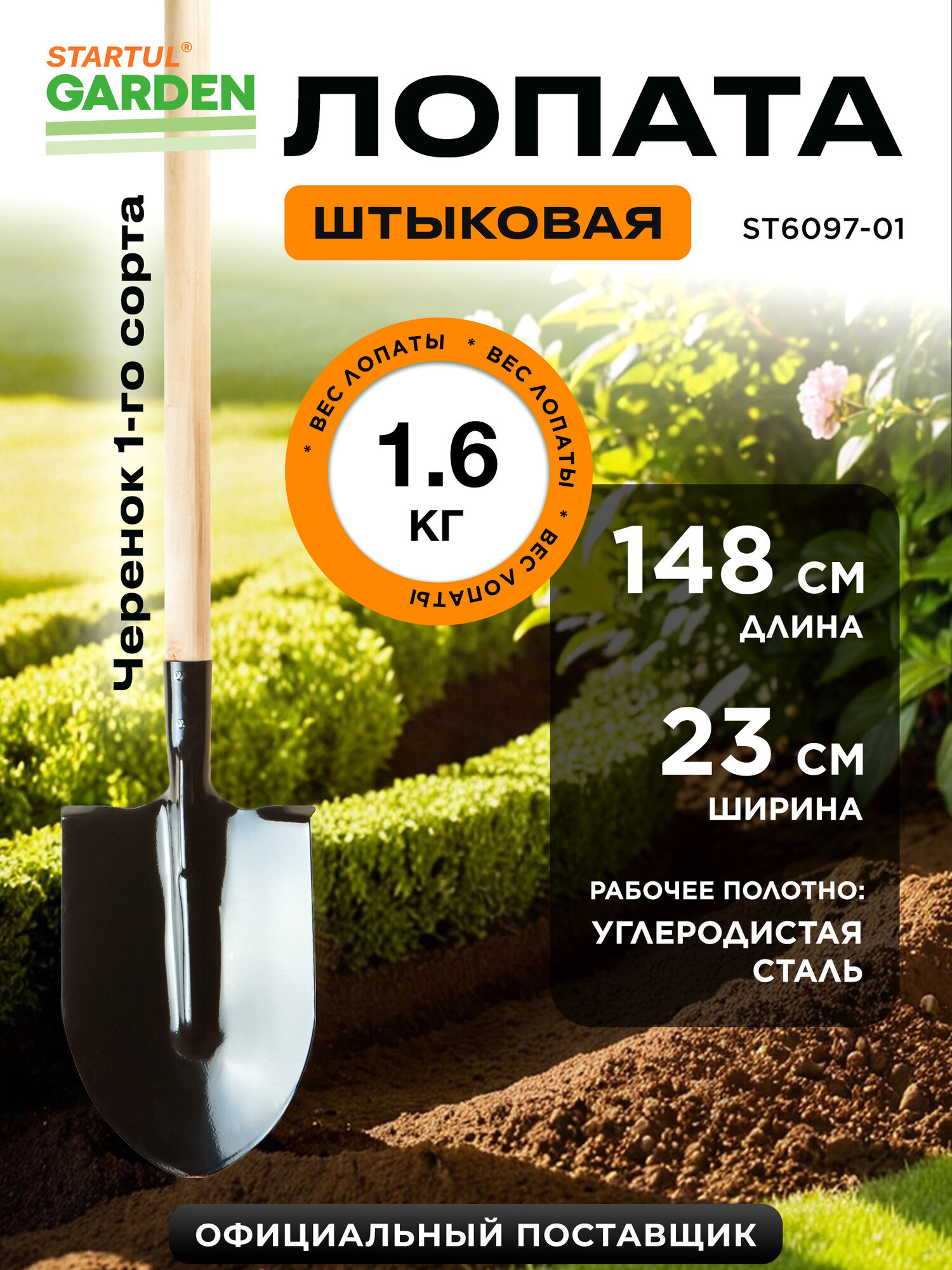 Лопата штыковая STARTUL Garden ST6097-01 с черенком, садовая, длина 148 см
