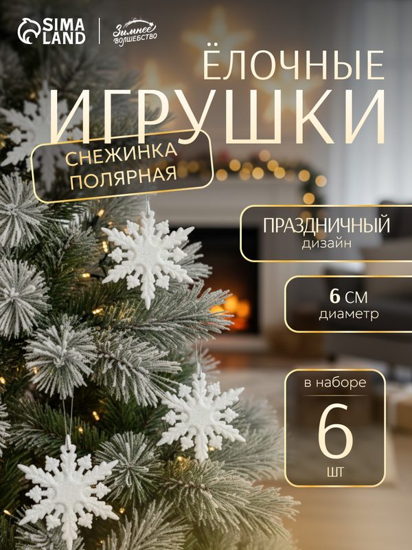 Ёлочные игрушки набор 6 шт. «Зимнее волшебство. Снежинка полярная», d=6 см, белый