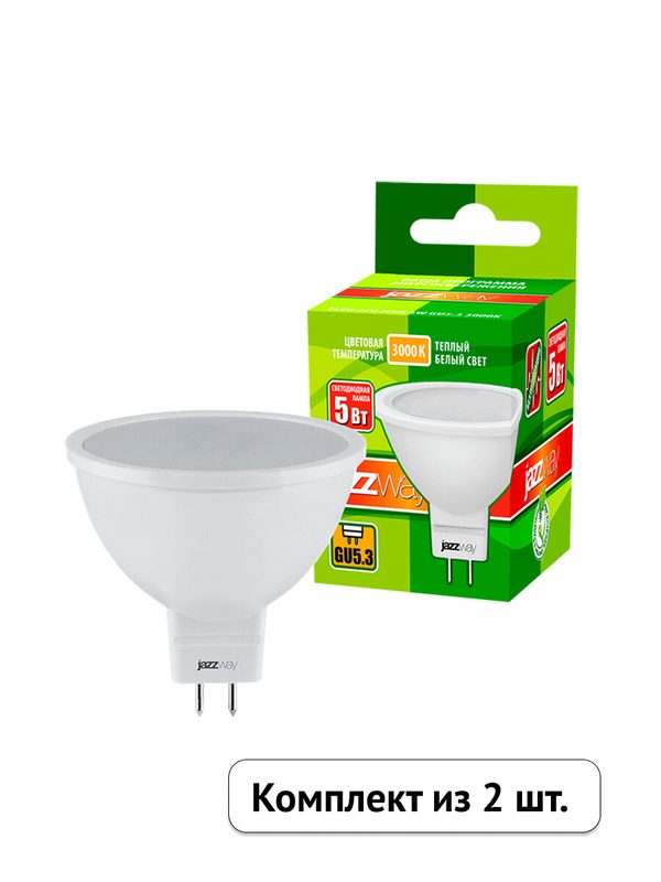 Лампочка светодиодная Jazzway Pled Eco 5Вт, 3000K, 400Лм, GU5.3, теплый белый свет, для спотов MR16 (комплект из 2 шт.)