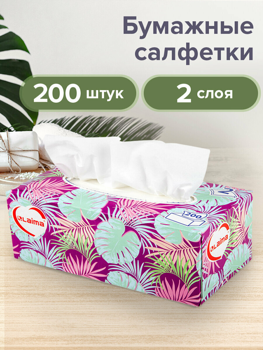 Салфетки / платочки бумажные сухие белые косметические в коробке для лица 200 штук, 2-слойные, Laima Everyday, 20х20 см