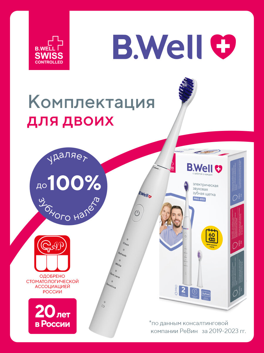 Электрическая зубная щетка B.Well PRO-850 звуковая белая, 5 режимов, 60 дней без подзарядки