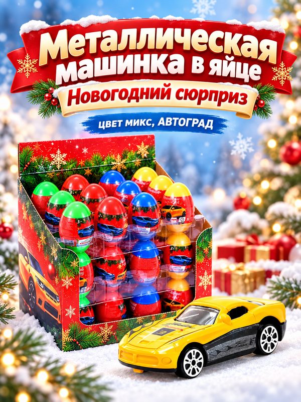 Металлическая машинка в яйце "Новогодний сюрприз" цвет микс, автоград