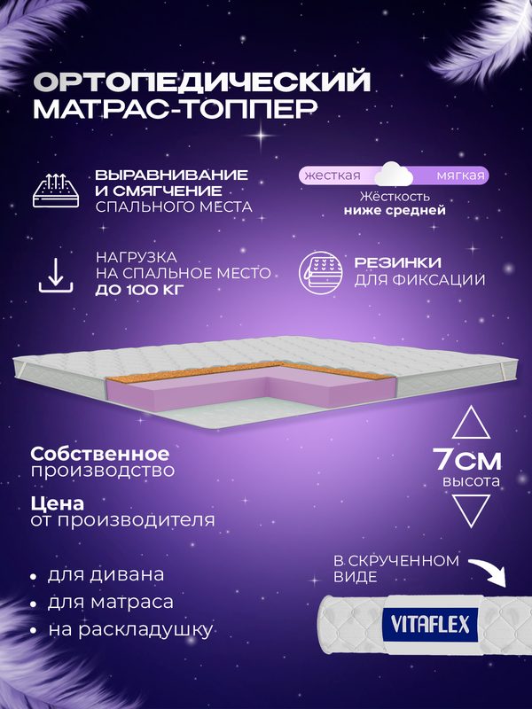 Топпер 160х200 на диван, на матрас, 7 см беспружинный Vitaflex Anatomic V 6x4Sk 2 канта в рулоне
