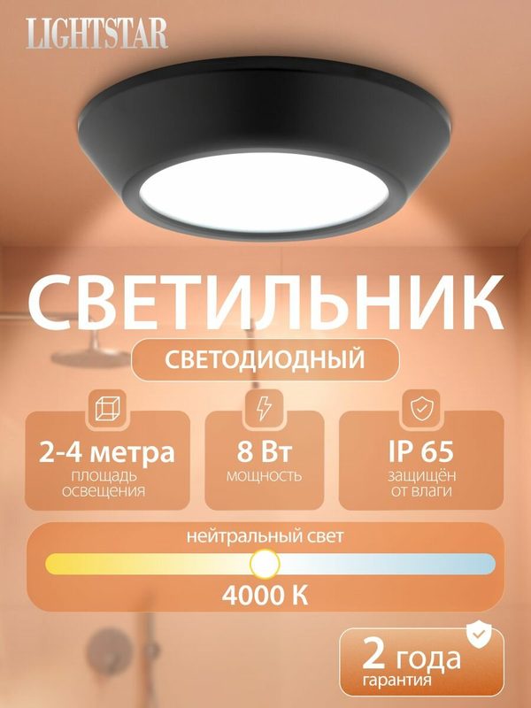 Светильник потолочный светодиодный влагозащищенный Lightstar URBANO 214774, IP65 для ванной и улицы, 4000K, 8W, круглый, черный