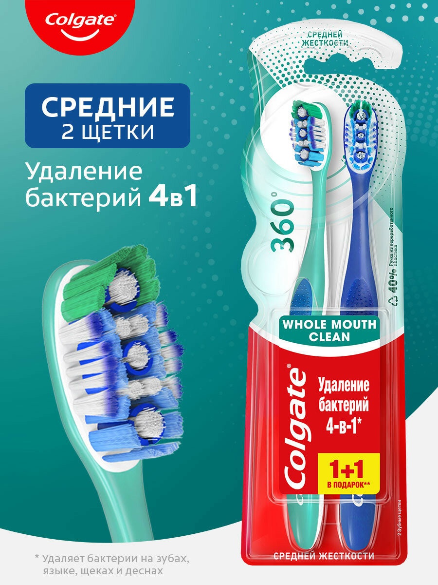 Зубная щетка Colgate 360º Суперчистота всей полости рта, антибактериальная, средней жесткости, промоупаковка 1+1