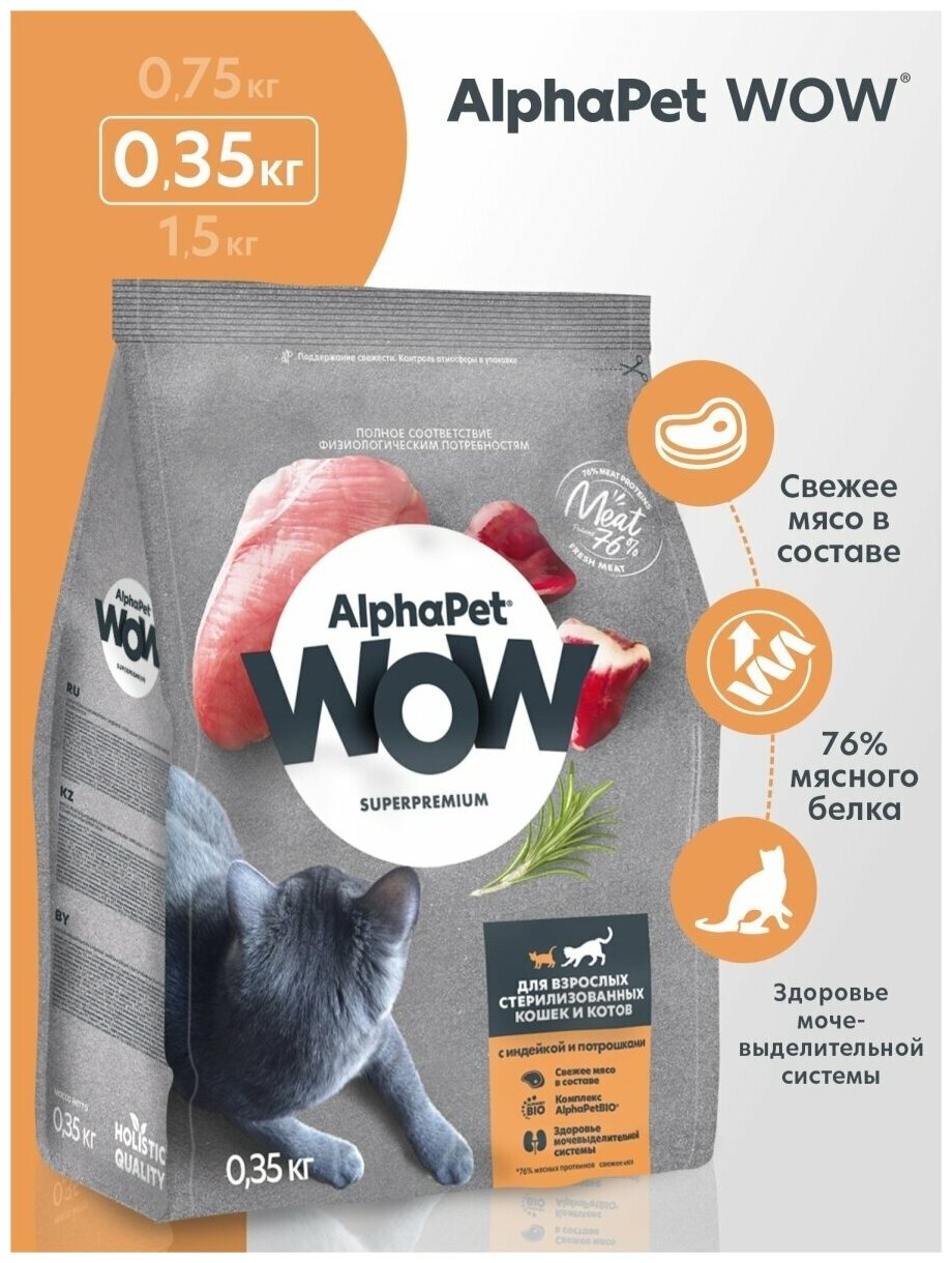 Сухой корм для стерилизованных кошек AlphaPet WOW с индейкой и потрошками, 0,35 кг