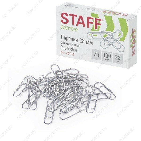 Скрепки канцелярские STAFF EveryDay, 28 мм, оцинкованные, 100 шт, в картонной коробке, Россия (STAFF 224799)