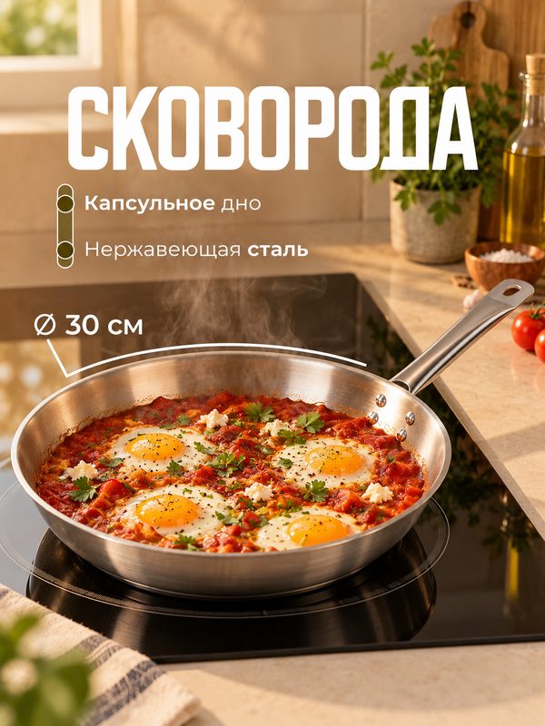 Сковорода Катунь «Общепит», d=30 см, толщина корпуса 0.6 мм, дно 3.5 мм, h=6.5 см, капсульное дно, индукция, нержавеющая сталь, AISI - 201