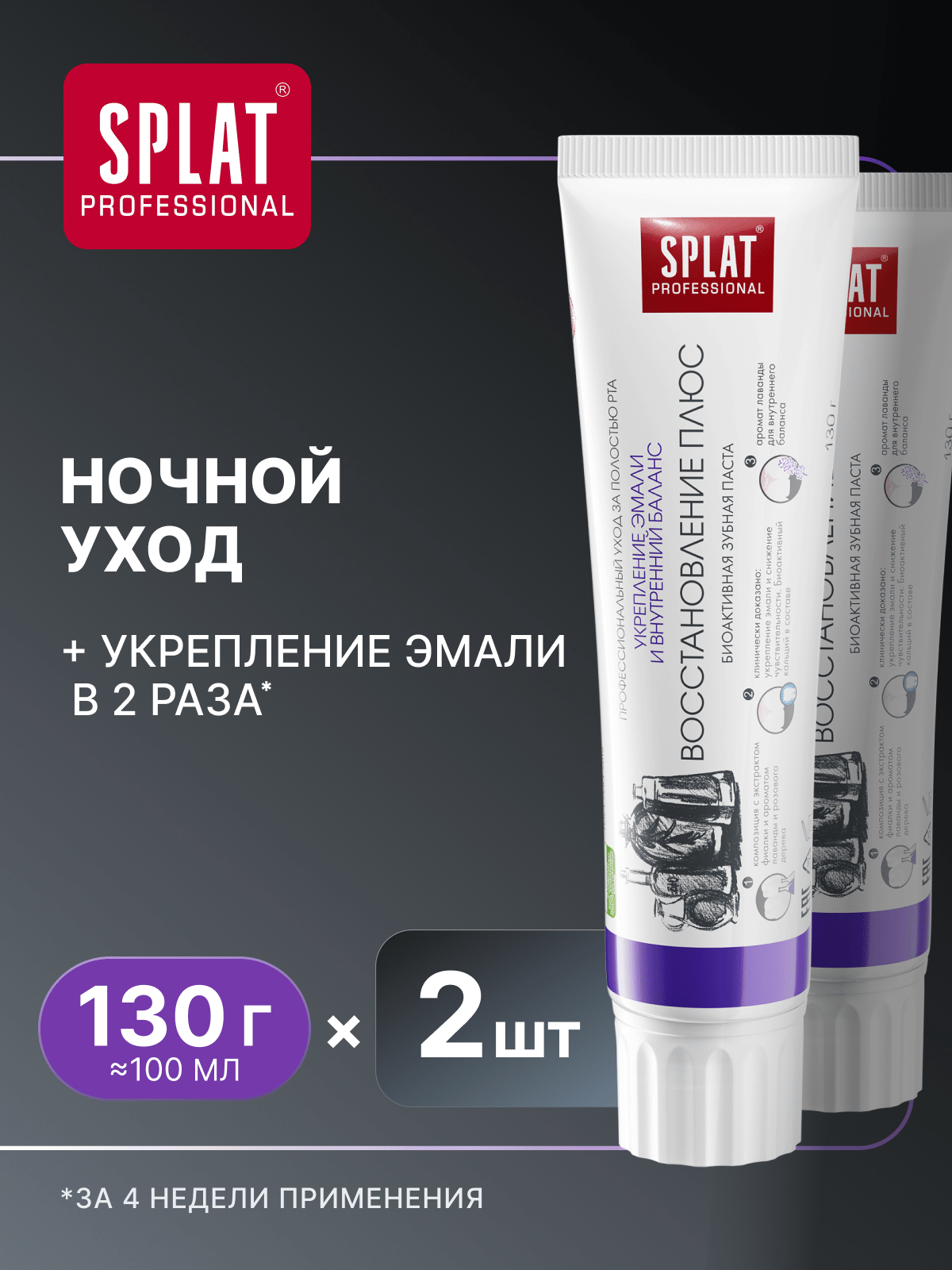 Зубная паста Professional SPLAT Восстановление Плюс для отбеливания зубов и восстановления эмали с эфирным маслом лаванды, 130 гр, 2 шт
