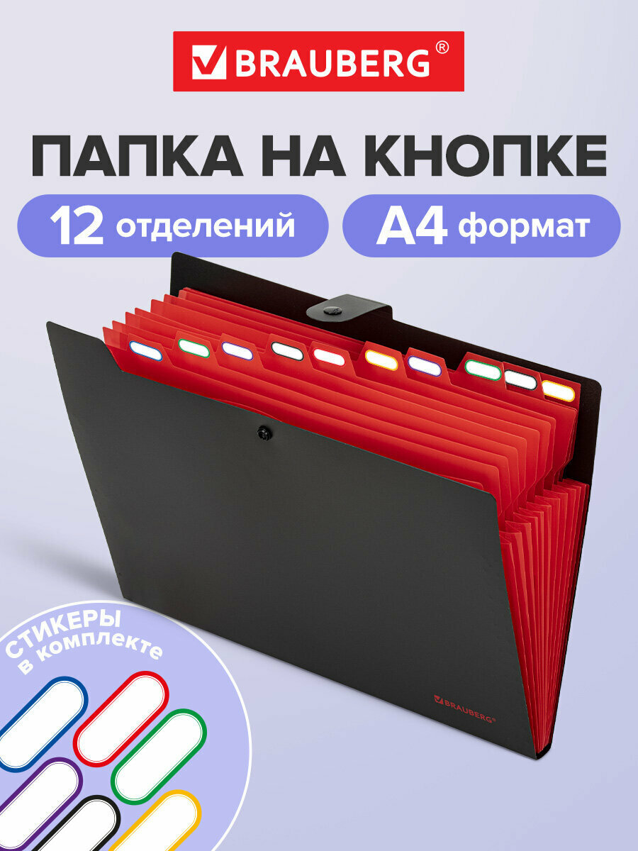 Папка-органайзер на кнопке 12 отделений, Brauberg Extra, А4, черная с красным, 271934
