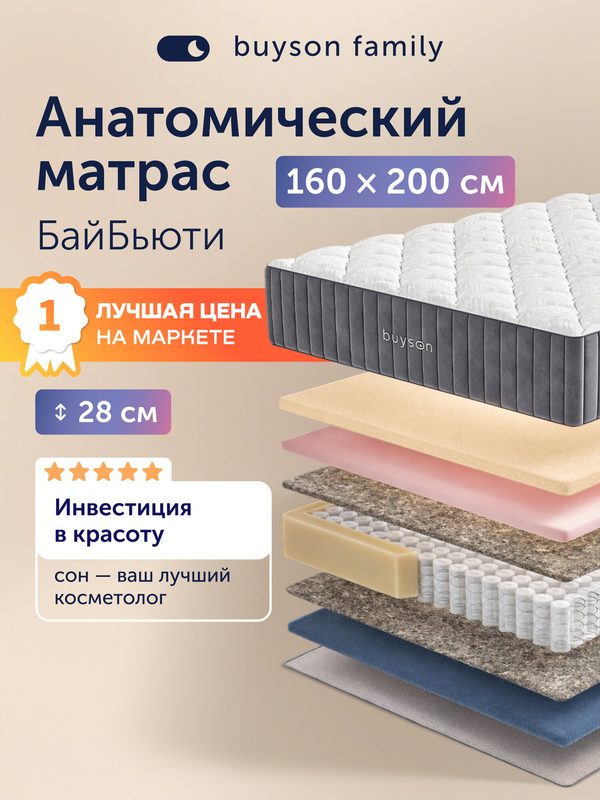 Ортопедический матрас buyson БайБьюти, 160х200 см, независимые пружины и латекс