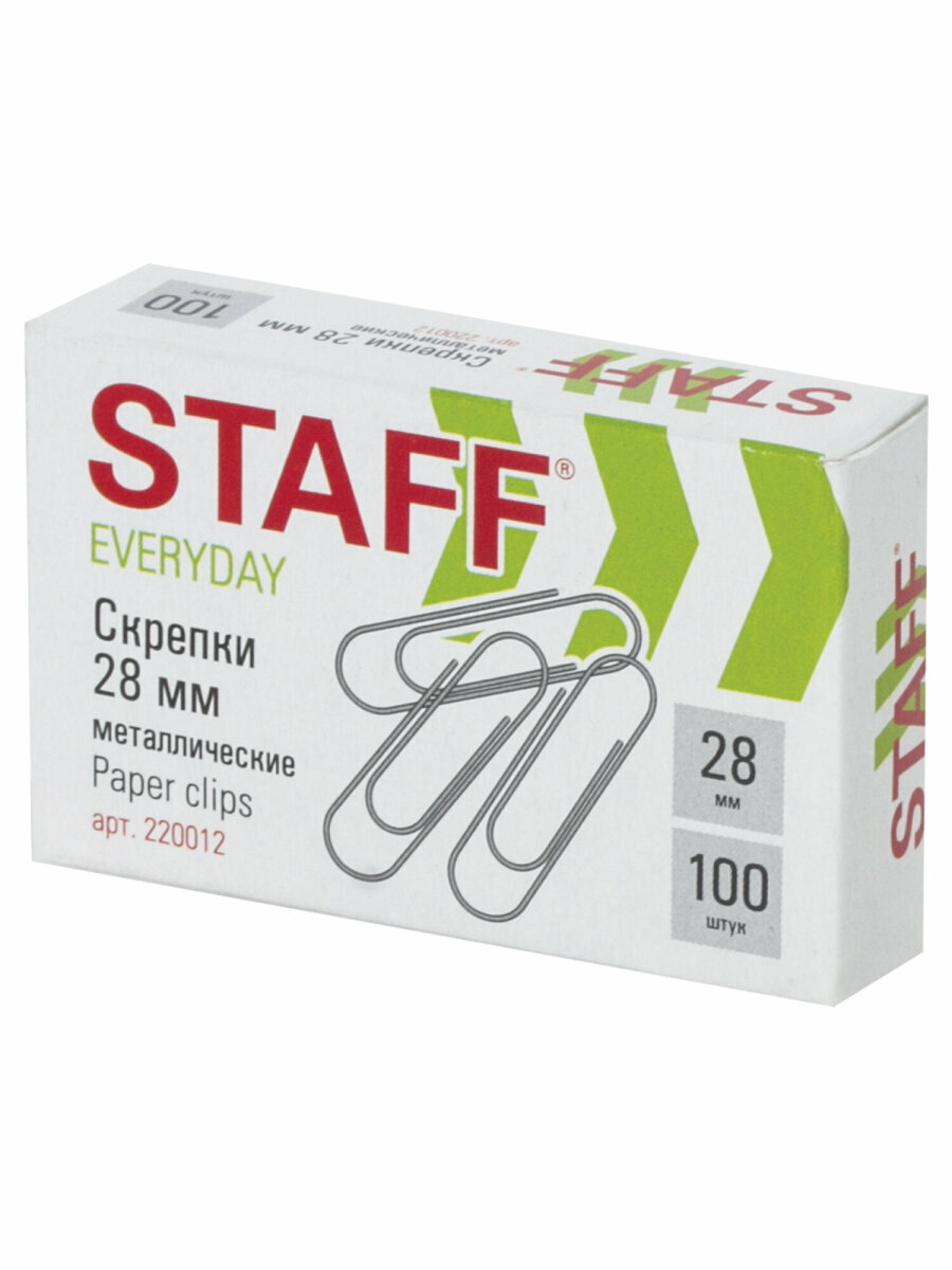 Скрепки Staff Everyday, 28 мм, металлические, 100 шт, в картонной коробке, Россия, 220012