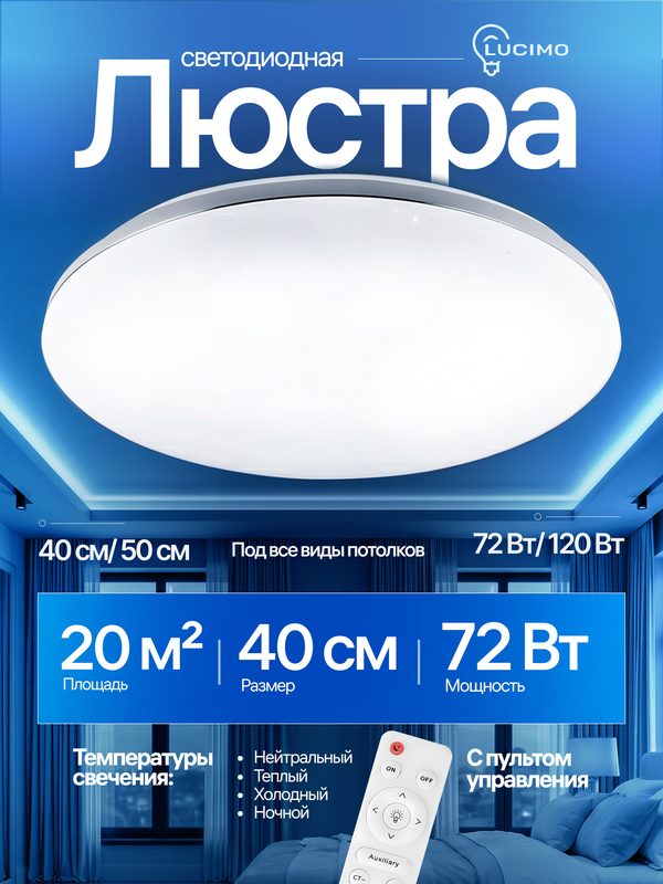 Люстра потолочная светодиодная 72Вт, 40см с пультом круглая
