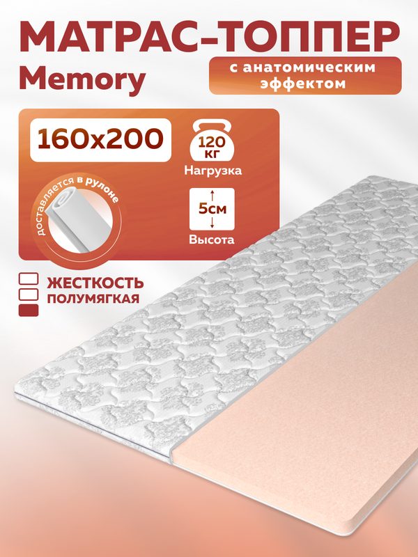 Топпер анатомический "Memory", 160х200х5 см, съемный жаккардовый чехол