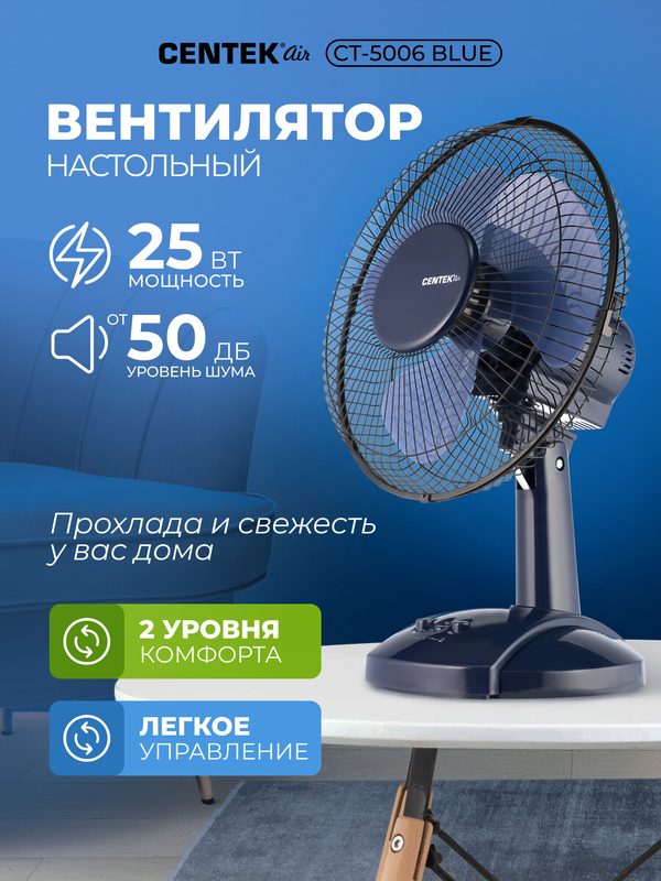 Вентилятор настольный CENTEK CT-5006, голубой, 25Вт, d-27см, решетка-сетка, 2 скорости, автоповорот