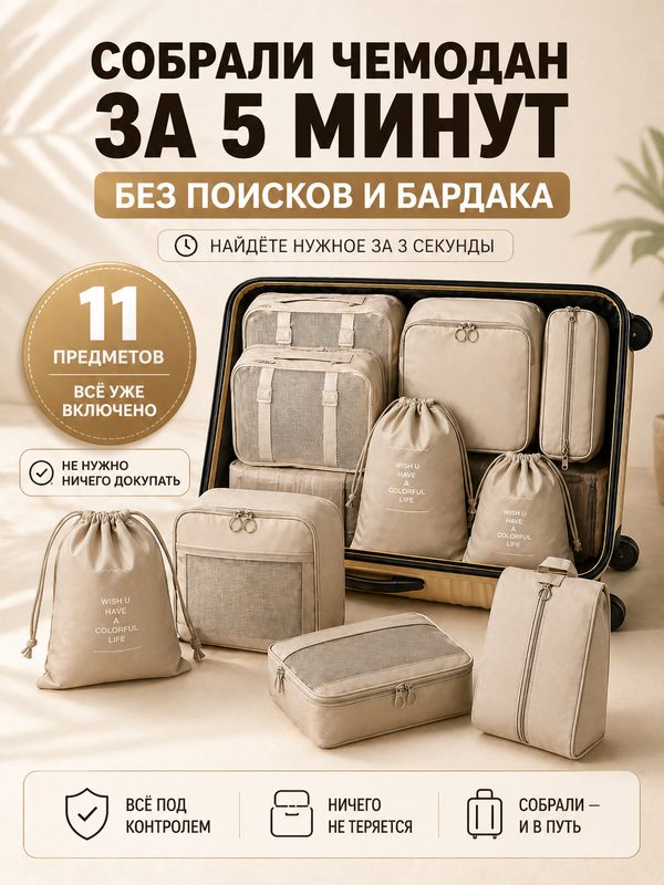 Органайзер для чемодана , 11 шт., бежевый