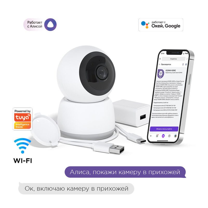 Умная камера Wi-Fi HD 360 c Яндекс Алисой, Goggle Assistant, поддержка карт памяти до 256Гб и облачное хранение