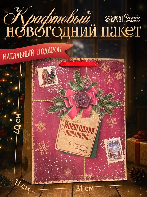Пакет подарочный «Новогодняя посылочка от Дедушки Мороза», L 31 × 40 × 9 см, красный, на Новый Год