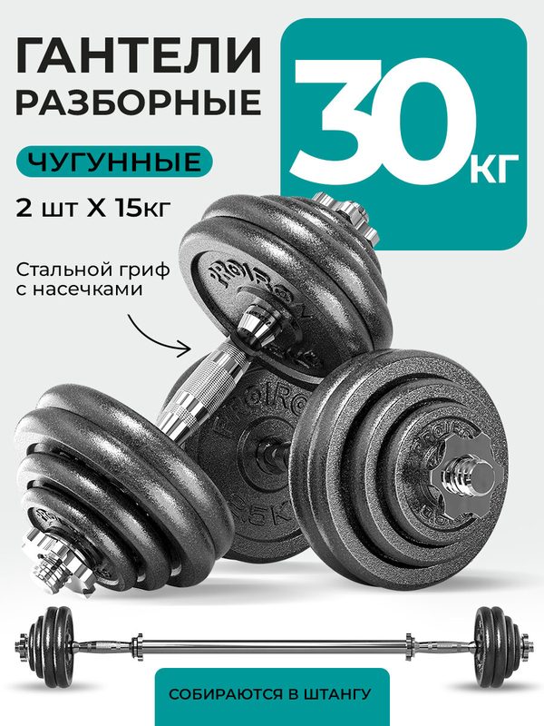 Гантели разборные 15 кг 2 шт PROIRON, из чугуна с грифом, для фитнеса и спорта