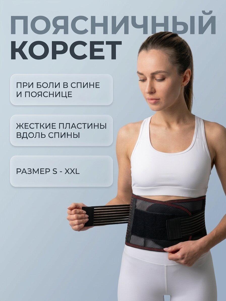 Ортопедический корсет для спины, позвоночника и поясницы мужской и женский/Утягивающий черный полужесткий бандаж пояснично-крестцовый на талию и живот