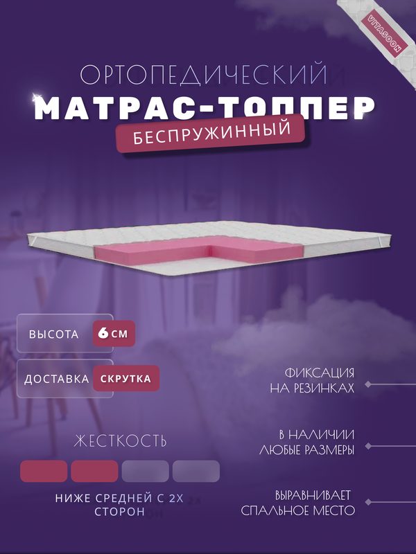 Топпер 80х190 см на диван, беспружинный матрас 6 см VitaSoon CoverSoft 6 Ck на кровать, средняя жесткость