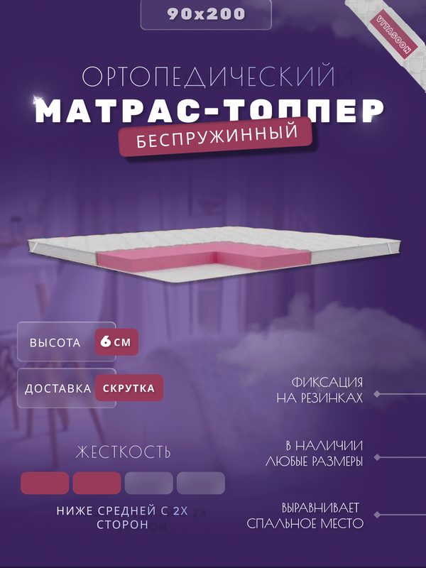 Топпер 90х200 см на диван, беспружинный матрас 6 см VitaSoon CoverSoft 6 Ck на кровать, средняя жесткость