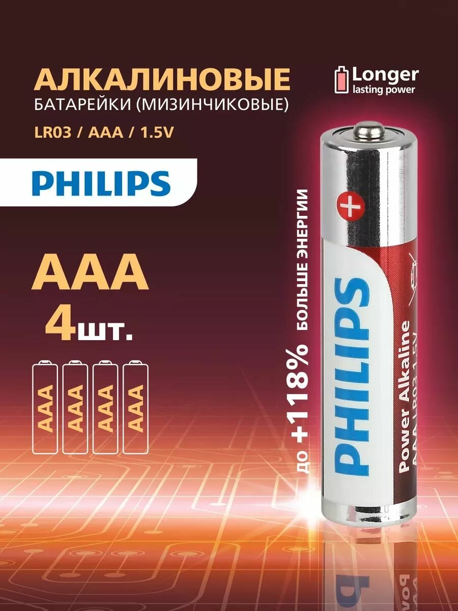 Батарейки ААА мизинчиковые Philips LR03P4B/51 алкалиновые 1,5v 4 шт. LR03-4BL Power