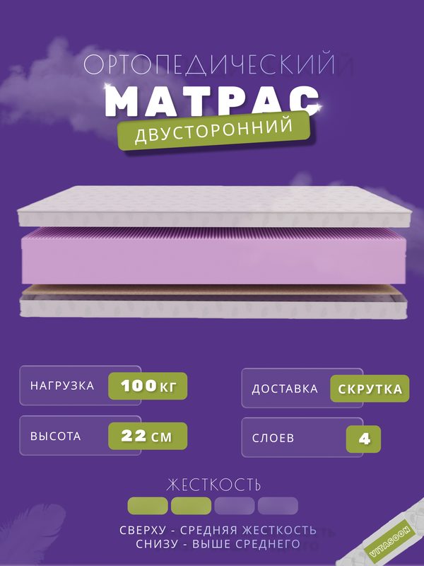 Матрас 80х190 беспружинный 22 см анатомический VitaSoon ComfortRoll 22 Ck с кокосом в рулоне односпальный детский